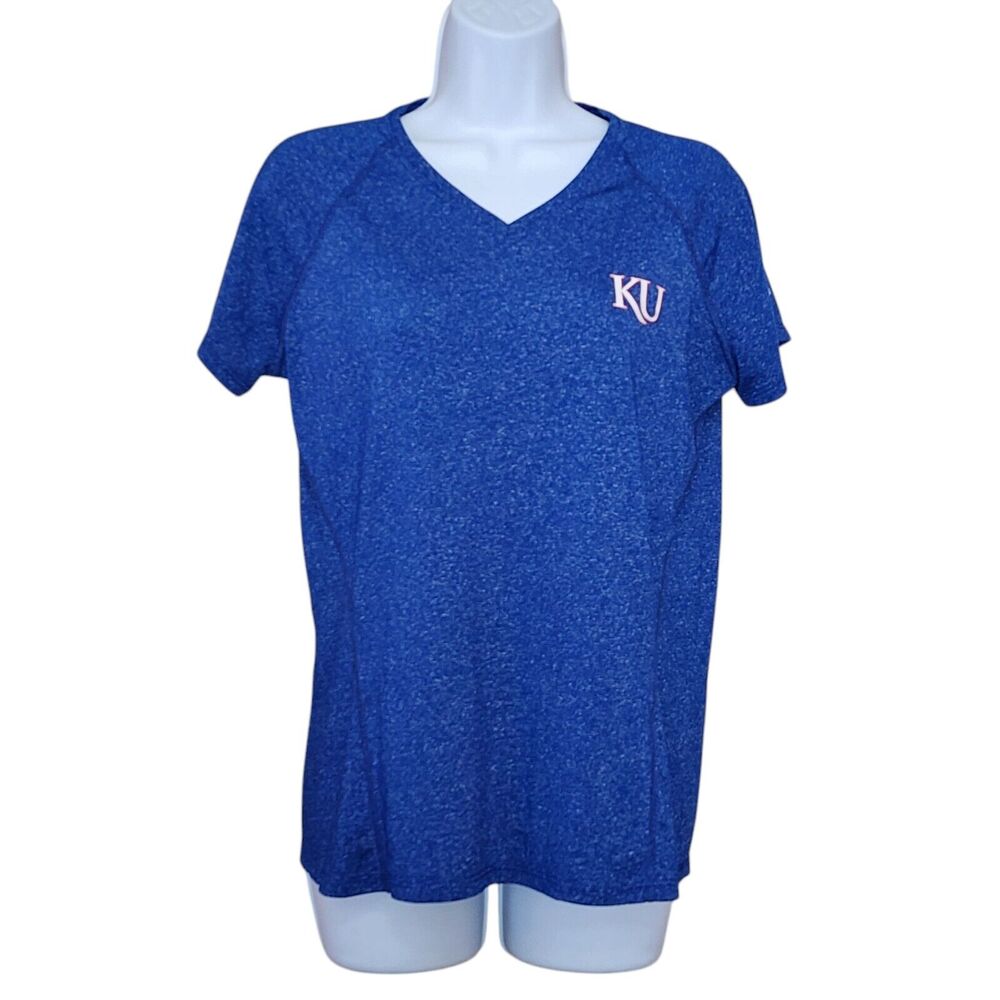 Adidas Climalite Womens KU Jayhawks V-Neck Tee Size M Blue Dry Wick Short Sleeve